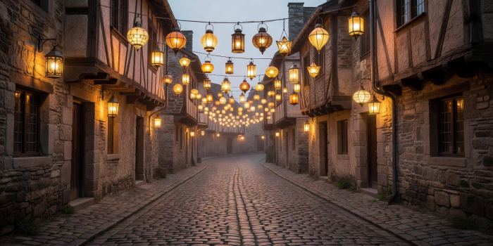 Ancient cobblestone European street illuminated by festivity lanterns