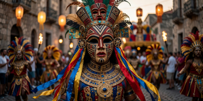 Colorful traditional carnival festival costume mask representing ancient global traditions