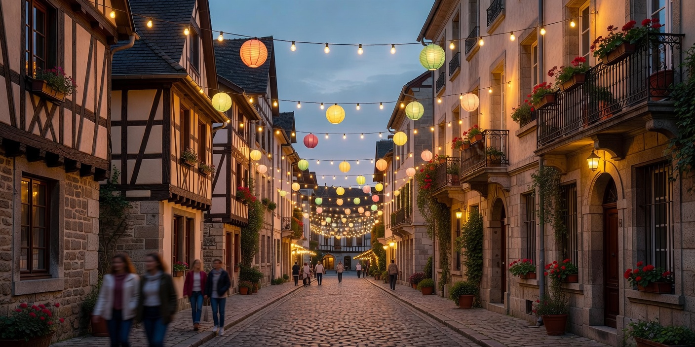 European heritage street lit with festival lights