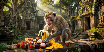 Macaque monkey enjoying fresh tropical fruits at ancient ruins