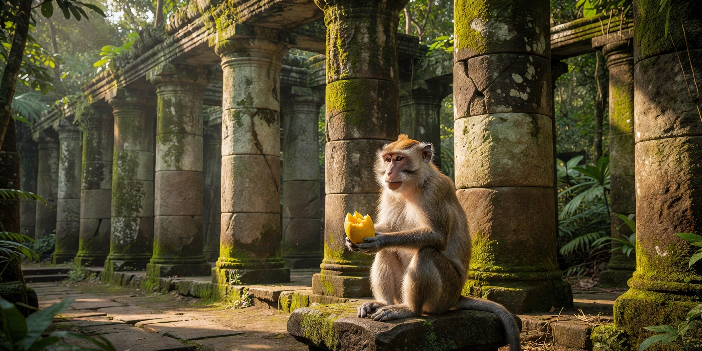 Macaque monkey holding fruit near ancient stone columns
