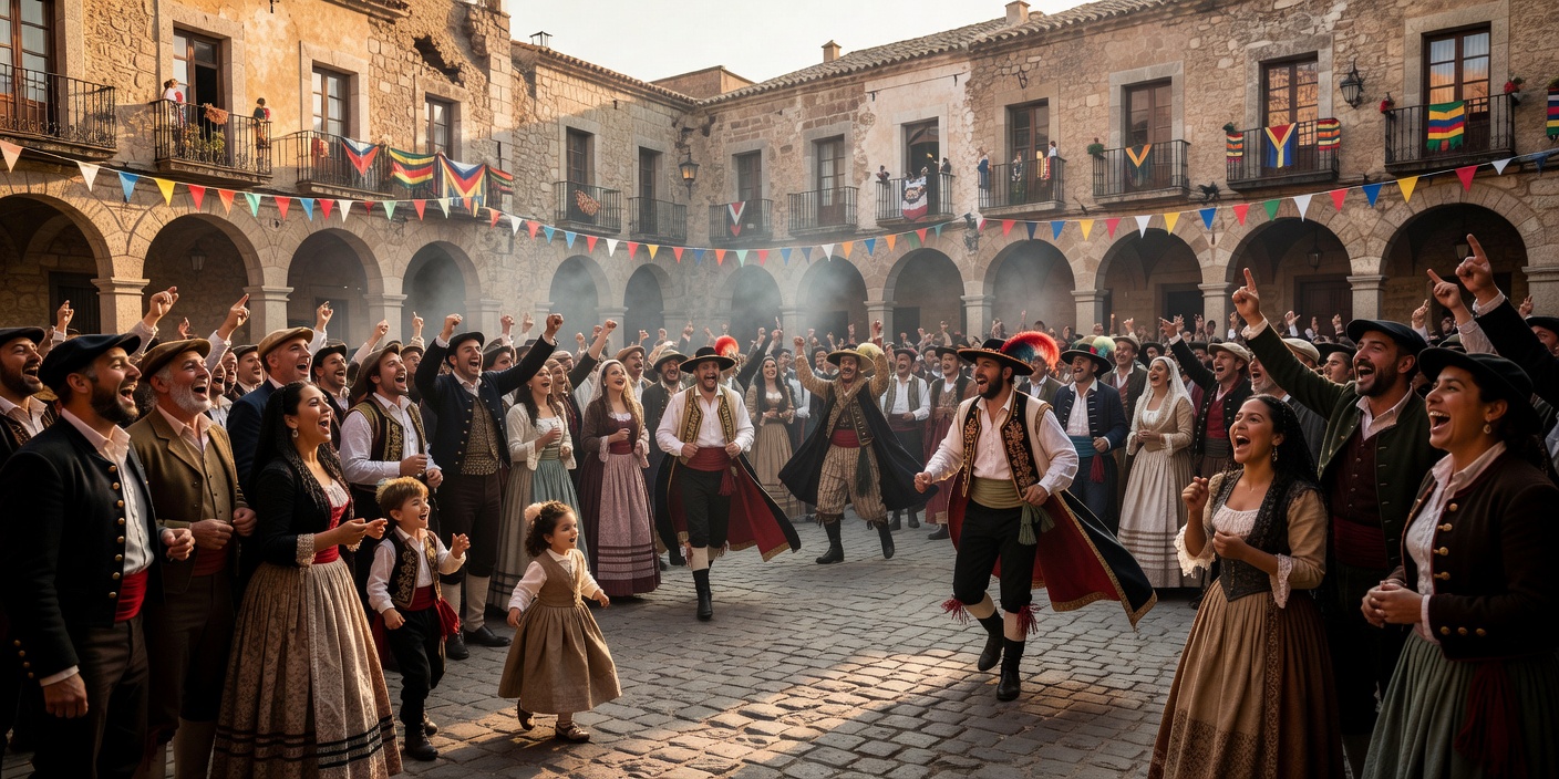 Spectators gathered in an old Spanish town square for traditional festival