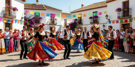 Traditional Spanish village festival with colorful costumed dancers