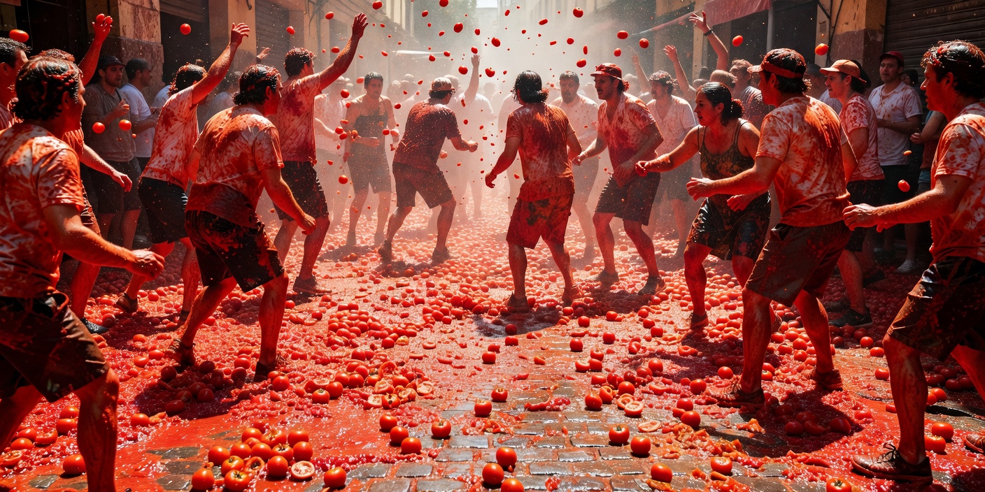 Vibrant red crushed tomatoes on pavement during La Tomatina celebration